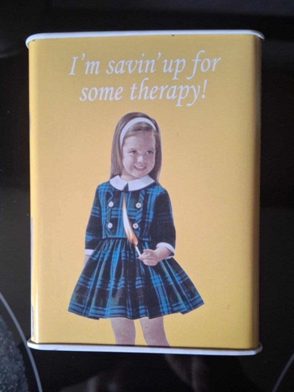 Blue Q Bank 2007 "I'm Saving Up For Some Therapy" Yellow Tin Vintage